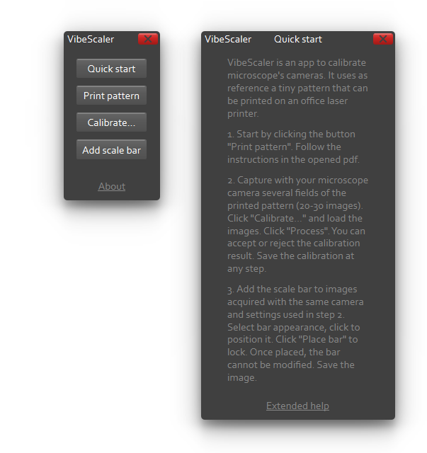 The Quick start window summarising the workflow, with an Extended help link at the bottom.