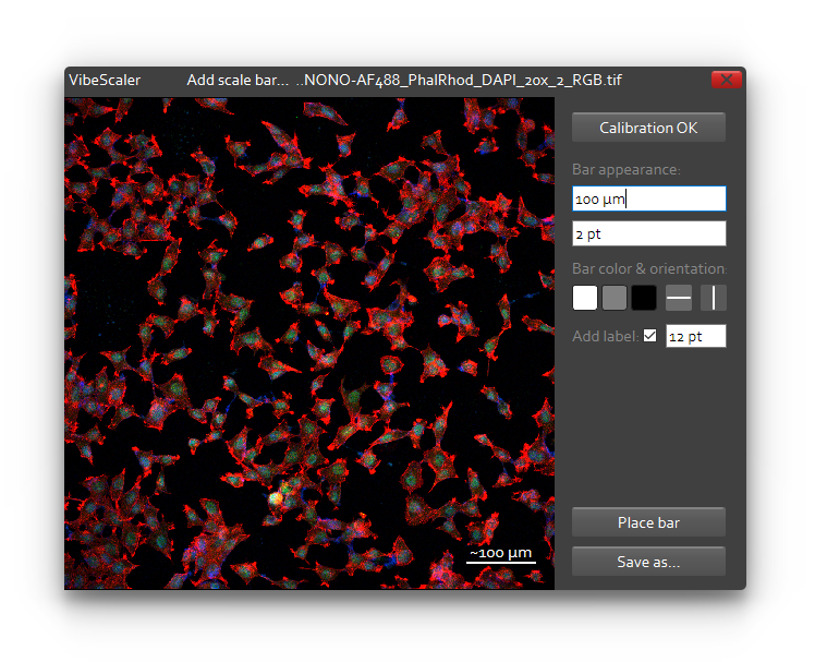 The Add scale bar window: an image with bar-appearance controls for length, thickness, colour, orientation and label, plus Place bar and Save as buttons.